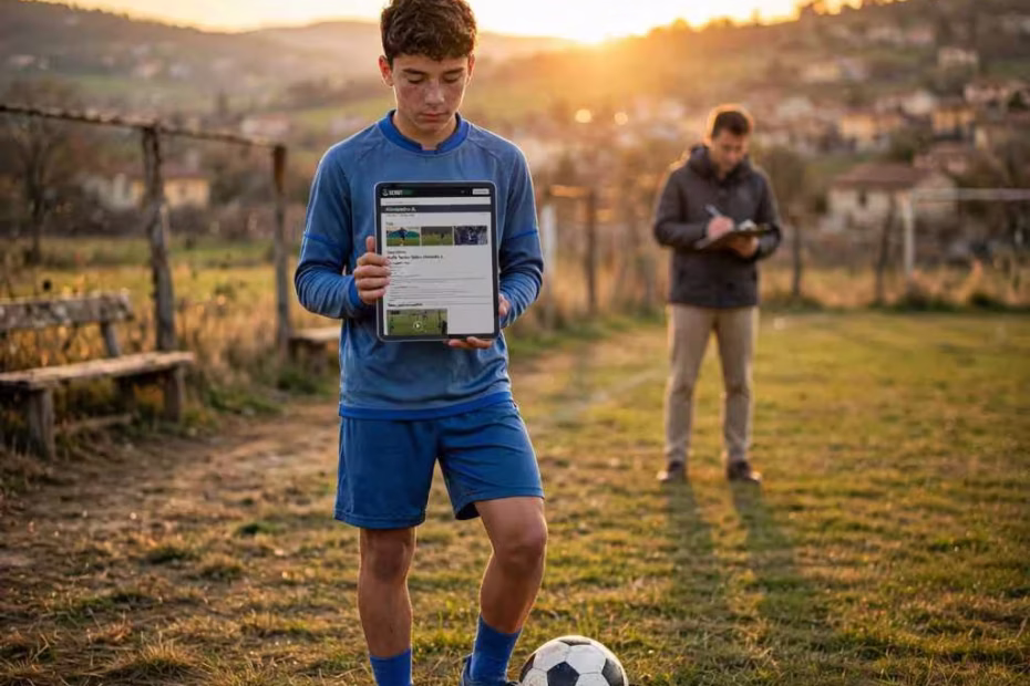 Piattaforma talent scouting calcio - giovane talento di provincia mostra il suo profilo verificato ScoutFoot su tablet con pallone ai piedi