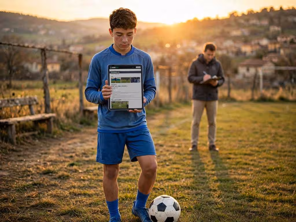 Piattaforma talent scouting calcio - giovane talento di provincia mostra il suo profilo verificato ScoutFoot su tablet con pallone ai piedi